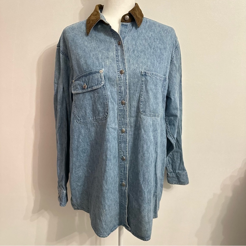 Denim Button Down Shirt with Brown Collar